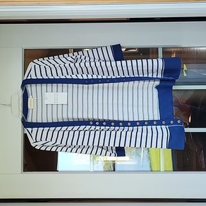 Women's Sz S Snapfront Cardigan, White With Navy Stripes, 3/4 Sleeves